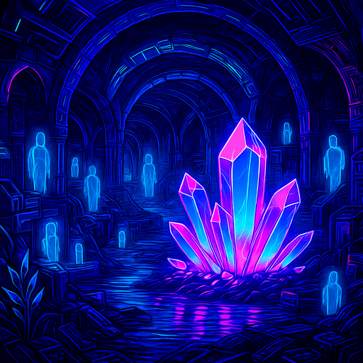 Neon cyberpunk manga subterranean underground tunnels crystal caverns glowing huge ancient technology ruins futurustic underworld holograms spirits projections magical dimension cave background image deep caverns majestic background scene landscape tech purgatory catacombs maze