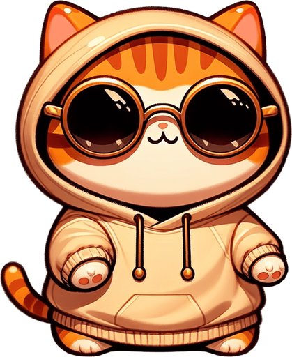 The character in the image, a cartoon-style orange tabby cat with striking stripes, momentarily shifts its relaxed posture. Its round face, partially obscured by oversized, round, dark opaque sunglasses, suddenly animates with a hint of movement. From its small, cute, and chubby body clad in a simple, light-colored hoodie, a soft 'meow' escapes, adding a layer of charm and liveliness to its demeanor. The cat's paws, previously resting comfortably in front, slightly adjust as if to communicate through this gentle sound. This playful and whimsical moment enriches the character's appeal, making it an even more endearing mascot or protagonist for a children's book, bridging the gap between the visual and the expressive..
Single Game Texture. In-Game asset. 2d. Blank background. High contrast. No shadows.