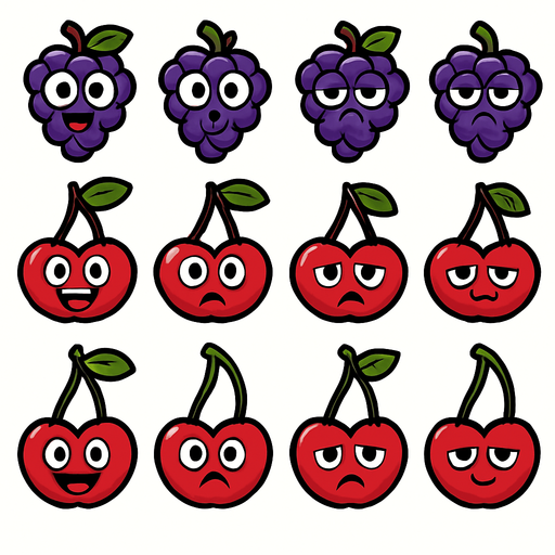 Grapes and Cherry sprites with eye and mouth animation.
In-Game asset.  2d.  High contrast.  No shadows