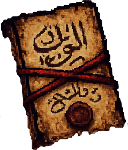 Create a pixel-art item asset of an ancient talisman inspired by Turkish folklore. It should appear as a folded parchment wrapped in an old red thread, with faint Ottoman-style calligraphy or mystical symbols visible. The talisman should have a glowing aura or faint sparkles to imply magical power. Optional details: slightly burned edges, aged paper texture, and traces of dried wax seal. The style should be mysterious, enchanted, and suitable for a 2D horror game. PNG format with transparent background, top-down or item-inventory view..
In-Game asset.  2d.  High contrast.  No shadows