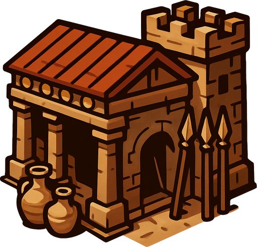 Anciet world barracks, no words.
In-Game asset.  2d.  High contrast.  No shadows