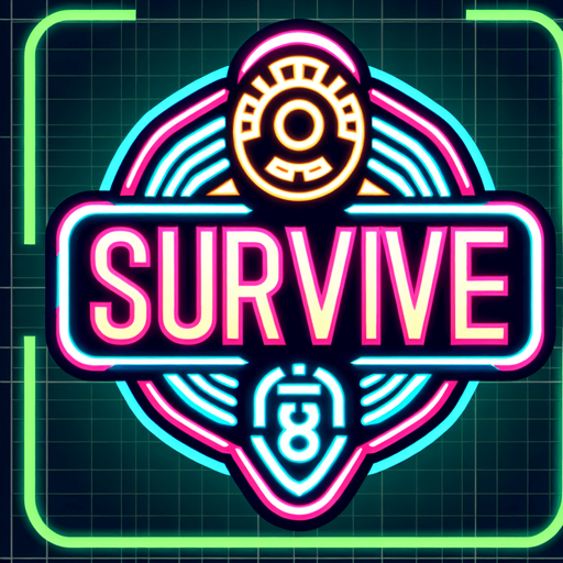 retro sign that says "Survive" with an face symbol in neon colors...
Single Game Texture. In-Game asset. 2d. Blank background. High contrast. No shadows.
