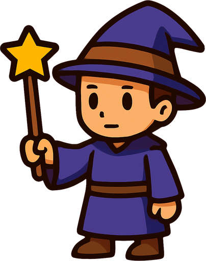 Mago con sombrero morado y marrón sin barba con varita con estrella, de cuerpo entero.
In-Game asset.  2d.  High contrast.  No shadows