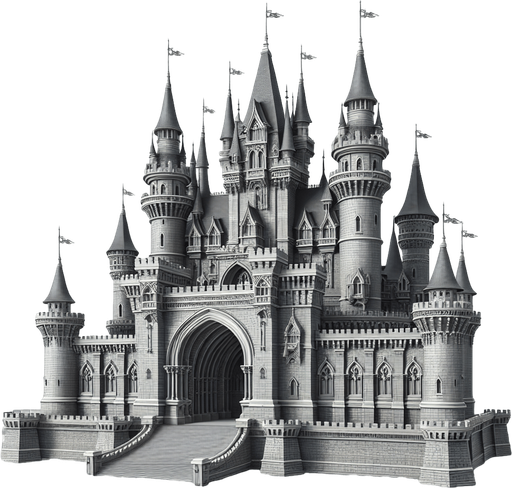 A grey fantasy castle.
In-Game asset. 2d. Transparent background. High contrast. No shadows.