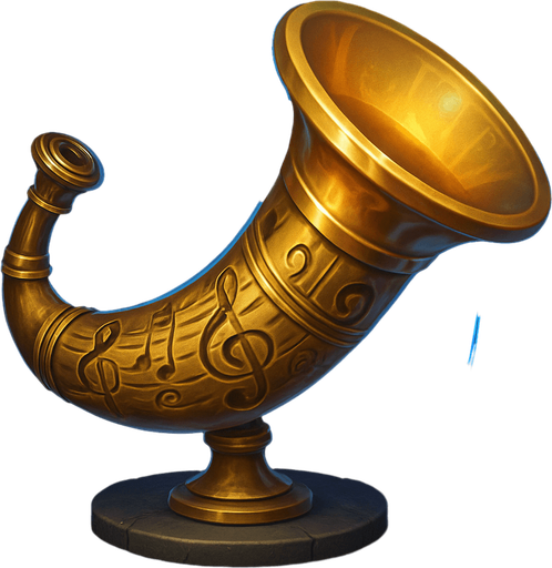 Create a detailed fantasy icon of a War Horn designed for a musical-themed tower defense game set in a haunted concert hall.

The horn should be ornate and elegant, resembling a mix between a classical brass instrument (like a French horn or trumpet) and a battle horn.

Crafted from polished brass or gold, with engraved musical symbols (clefs, notes, or swirling staff lines) along its surface.

The mouthpiece and flared bell should look slightly exaggerated, magical, or ceremonial.

Add glowing accents (blue, violet, or gold) or floating music notes around it to suggest it's enchanted.

The horn may rest on a pedestal, float slightly, or face outward ready to be sounded.

Background should be minimal or transparent. Icon must be square (256×256 or 512×512), clean and readable at small sizes.
Style: elegant fantasy UI, semi-realistic digital painting, matching the orchestral theme of the game..
In-Game asset.  2d.  High contrast.  No shadows