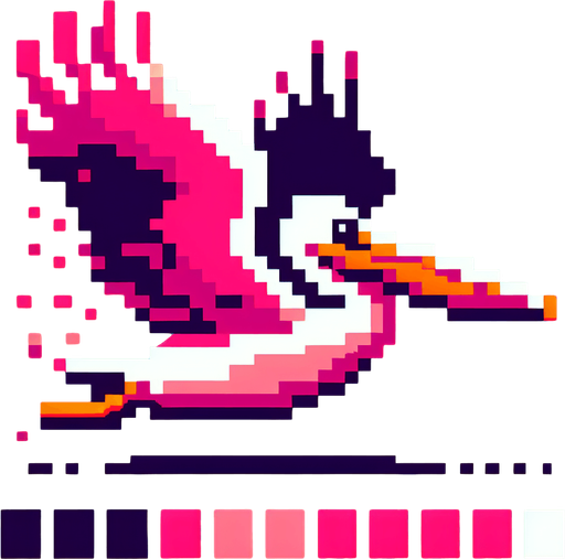 8-bit profile of pelican flying straight.
Single Game Texture. In-Game asset. 2d. Blank background. High contrast. No shadows.