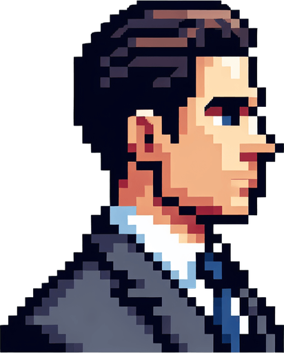 8-bit. cartoon. fancy office person. suit. seen from the side. in game assset. Single Game Texture. In-Game asset. 2d. Blank background. High contrast. No shadows.