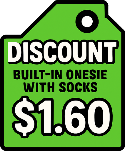 Green pricetag that says discount built in onesie with socks $1.60.
In-Game asset.  2d.  High contrast.  No shadows