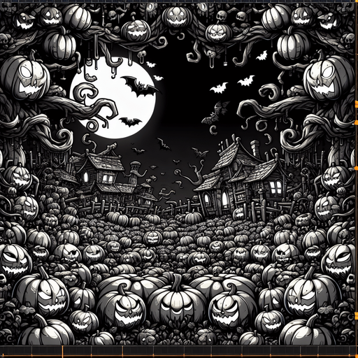 Generate a high quality cartoon background Halloween image on a black canvas similar to the format of where is waldo with a hellish environment filled with pumpkins.
Single Game Texture. In-Game asset. 2d. Blank background. High contrast. No shadows.