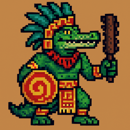Generame un guerrero azteca con patrones, estilo pixelar, ademas sera un Caimán llanero humanoide..
In-Game asset.  2d.  High contrast.  No shadows