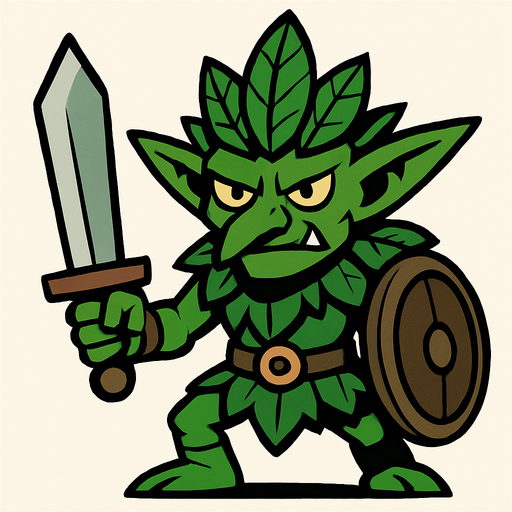 yeşil yapraklı dövüşçü goblin.
In-Game asset.  2d.  High contrast.  No shadows