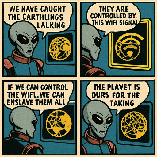 "Comic book style 4 panels of grey alien commander receiving transmission on holographic display showing Earth's internet infrastructure map,  text bubbles saying ' we have caught the earthlings lacking'  'they are controlled by this WiFi signal' 'if we can control the WiFi, we can enslave them all' 'the planet is ours for the taking' sci-fi comic book technology designs".
In-Game asset.  2d.  High contrast.  No shadows