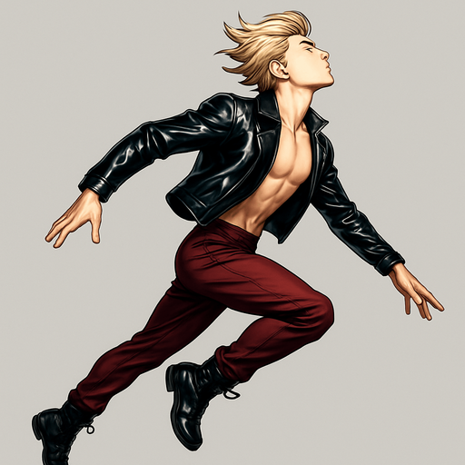 Swishy graceful man opposite arm and leg in front Cyberpunk manga, side profile view jumping pushing off the ground one leg extended one knee raises arms at sides loookkng skyward torpedo magic launching leap jump, shiny black leather biker jacket longsleeves shirtless Skinny abs blonde pompadour guy, wine red joggers combat boots, Background removed, "Full-body character, entirely in frame, no cropping of face, head, or feet" "Complete character visible, from head to toe, fully centered in the image" "Entire character, including face and boots, fully within the frame" Character fully contained within a square frame, no edges cut off fashion model idle pose