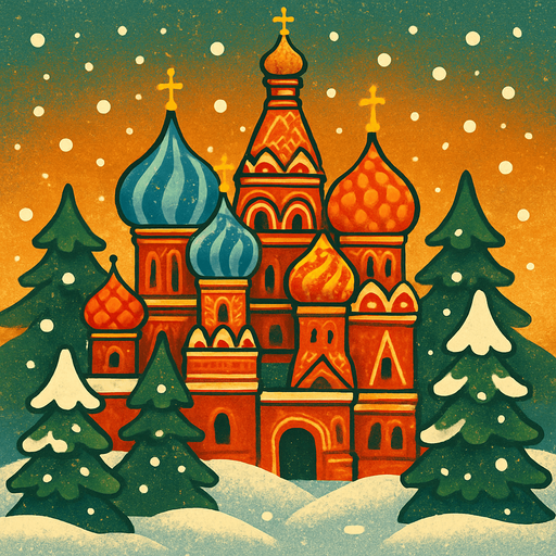 A snowy cartoon scene with colorful onion domes (like Saint Basil’s Cathedral), pine trees, and a festive winter vibe. Use a folk style with warm lighting. Perfect for a balalaika music level..
In-Game asset.  2d.  High contrast.  No shadows
