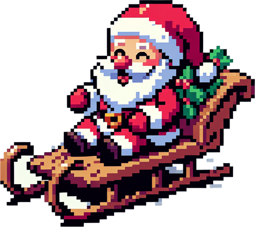 8-bit. cartoon. santa on sledge. smiling. in game asset. Single Game Texture. In-Game asset. 2d. Blank background. High contrast. No shadows.