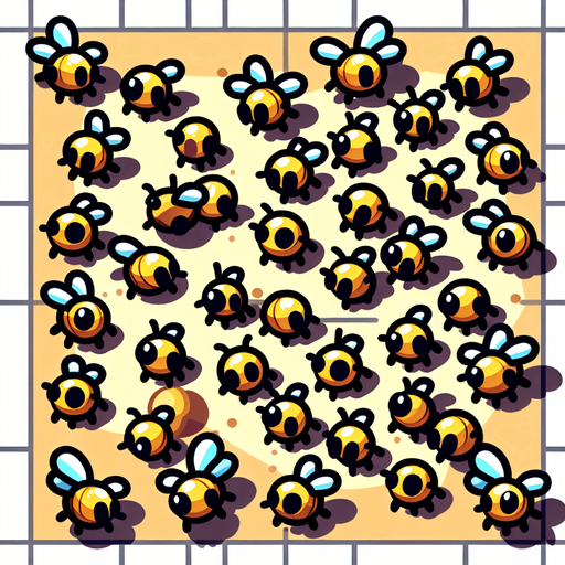 A sprite sheet of bees flying. Birds Eye view. No wings. Bold cartoon graphics. Looking down on bee
Single Game Texture. In-Game asset. 2d. Blank background. High contrast. No shadows.
