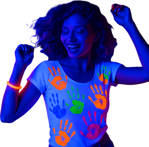 Dancing woman in a white top filled with multi-colored UV ink palm prints. UV luminous bracelet on the arm