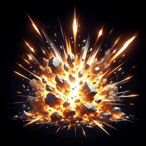 Rocks explosion, lights, sharp pieces, blur, HD images, fire..
Single Game Texture. In-Game asset. 2d. Blank background. High contrast. No shadows.