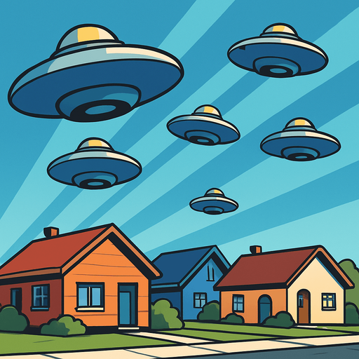 "Small UFO saucers descending over suburban neighborhood, cartoon style, dramatic lighting, shadows cast on lawns, retro sci-fi aesthetic, colorful houses below, comic book illustration style, dynamic angle looking up""cartoon style," "comic book illustration," "clean vector art,".
In-Game asset.  2d.  High contrast.  No shadows
