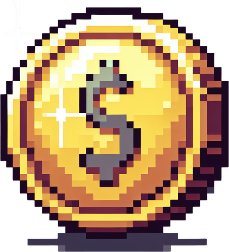 Coin piksel sanatı.
Single Game Texture.  In-Game asset.  2d.  Blank background.  High contrast.  No shadows