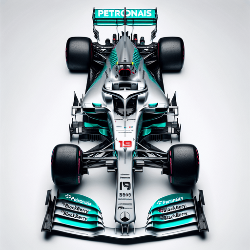 Silver f1 mercedes race car with turquoise green lines and REARwings and white "PETRONAIS" text on wings.
Red race number on car nose. black Blackberry text on sides. Top view.
