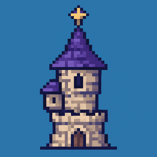pixel art büyücü kulesi.
In-Game asset.  2d.  High contrast.  No shadows