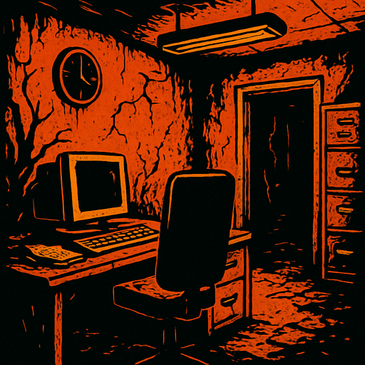 a creepy office.
In-Game asset.  2d.  High contrast.  No shadows