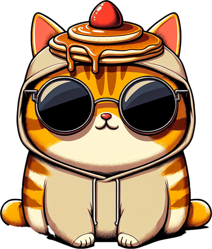 The character in the image is a cartoon-style, orange tabby cat with noticeable stripes. It has a round face, big black eyes covered by oversized, round, dark opaque sunglasses, and a prominent, exaggerated red pout in the shape of a duck's bill that stretches across the entire width of its face. The cat's body is smaller in comparison to its head, giving it a cute, chubby appearance. It's wearing a simple, light-colored hoodie with a drawstring. On its head, rather humorously, sits a pancake, serving as an unconventional hat, with syrup artfully dripping down its sides. The cat sits with its paws visible in front, showing a relaxed posture. The overall style is playful and whimsical, perfect for a casual mascot or a character in a children's book..
Single Game Texture. In-Game asset. 2d. Blank background. High contrast. No shadows.