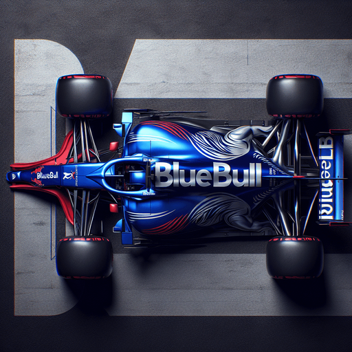 RedBull F1 race car. Top view. Royalblue body with Shinyred lines on sides. Silver bull-body. Silver ,,BlueBull" sponsors..
Single Game Texture. In-Game asset. 2d. Blank background. High contrast. No shadows.