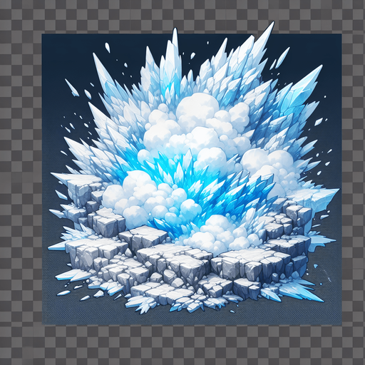 Ice explosion,rock, Light, blue & white..
Single Game Texture. In-Game asset. 2d. Blank background. High contrast. No shadows.