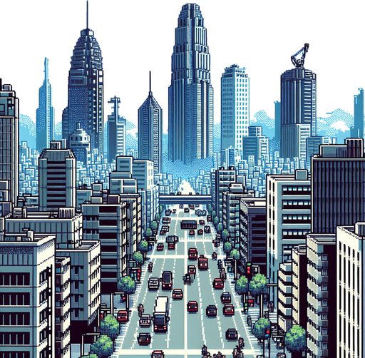 city with skyscrapers with a big street at the bottom.
in-Game background asset. 2d. High contrast. No shadows. 8bit.