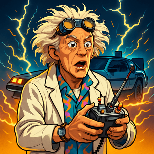 A realistic digital portrait of an eccentric elderly scientist with wild, white, frizzy hair and expressive eyebrows, wearing retro-futuristic goggles on his forehead, a white lab coat over a colorful 1980s shirt, and holding a futuristic remote control device. The background features a glowing DeLorean time machine with lightning and sparks. The character looks surprised and excited, with wide eyes and a dramatic pose. Cinematic lighting, hyper-detailed, 4K resolution, concept art style, inspired by 1980s sci-fi movies..
In-Game asset.  2d.  High contrast.  No shadows