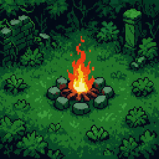 A post-apocalyptic green forest area with a campfire in the middle and stones around it,pixel art,less pixel,some bushes around.
In-Game asset.  2d.  High contrast.  No shadows. Pixel art
(View from above)