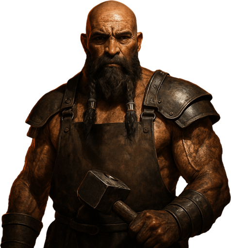 A towering warrior-blacksmith with soot-covered muscles and iron gauntlets, standing before a blazing forge. Male, 47 years old, bald with a thick black beard braided with iron rings, dark brown eyes, and deeply tanned, scarred skin. Wearing a leather apron and iron shoulder guards, wielding a massive smith-hammer. Sparks fly around him. Realistic, highly detailed, fiery forge setting. realistic.
In-Game asset.  2d.  High contrast.  No shadows