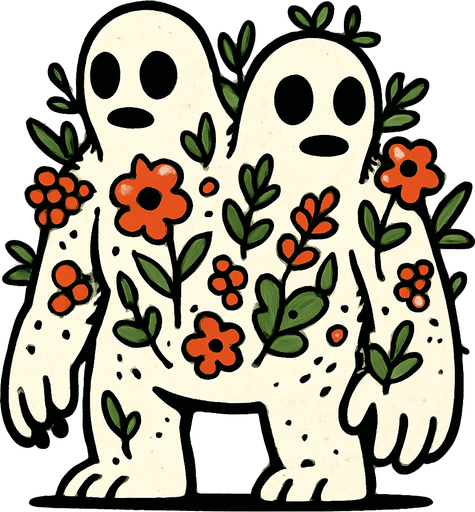 montruo blanco de ojos negros con dos cabezas con flora en el cuerpo.
In-Game asset.  2d.  High contrast.  No shadows