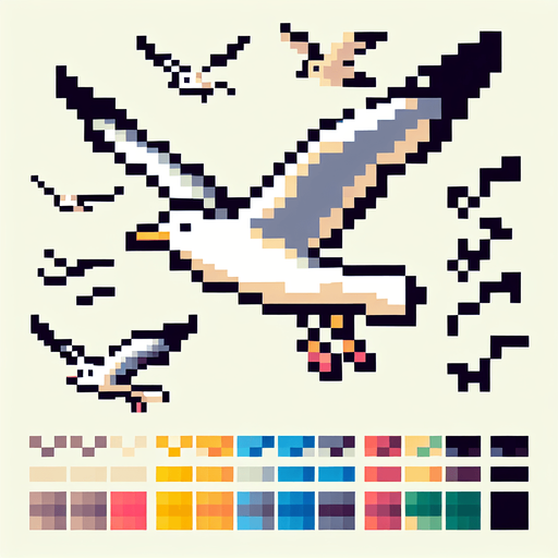 Flying seagull, 2d, pixel art.
Single Game Texture. In-Game asset. 2d. Blank background. High contrast. No shadows.