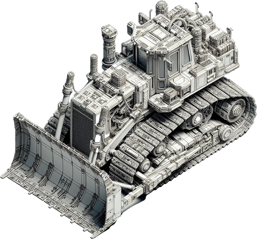 A bulldozer seen from stricly from the top..
Single Game Texture. In-Game asset. 2d. Blank background. High contrast. No shadows.