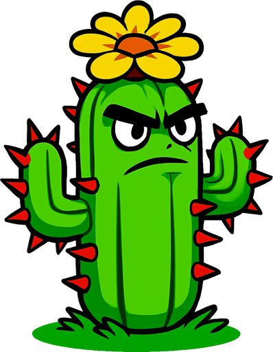 Cactus inspirado en Plants vs. Zombies. Planta verde con cuerpo segmentado cubierto de espinas rojas intensas, aspecto heroico y desafiante. Tiene una flor en la parte superior de color amarillo brillante y ojos decididos mirando hacia el frente. Postura erguida sobre césped, sin atacar, con estilo caricaturesco, líneas limpias, colores vivos y sin sombras. Fondo transparente, ideal como asset 2D para videojuego..
In-Game asset.  2d.  High contrast.  No shadows