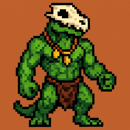 Lagarto furry fuerte sin camisa y con taparrabos, que en la cara lleve un cráneo de otro lagarto, que lleve colgantes y que sea pixeleado.
In-Game asset.  2d.  High contrast.  No shadows