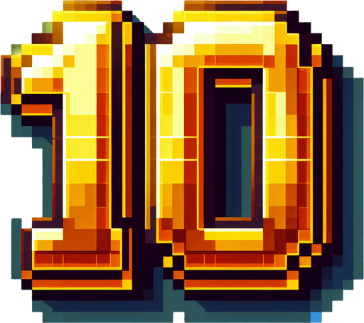 number 10, golden color, pixelart
Single Game Texture. In-Game asset. 2d. Blank background. High contrast. No shadows.