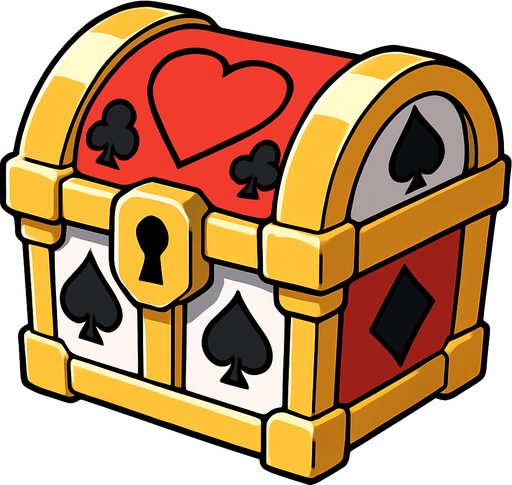 A small treasure chest with poker themed graphics on it. Anime style. 
In-Game asset.  2d.  High contrast.  No shadows