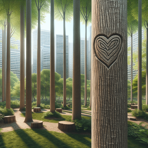 Photorealistic landscape in the New York central park. 
Show the forest and on the trunk of the very first tree, a heart should be carved into it and the letter N in the heart.