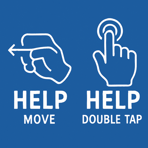 white stroked help illustration indicating move (hand + arrows) and one indicating double tap (hand + circles)