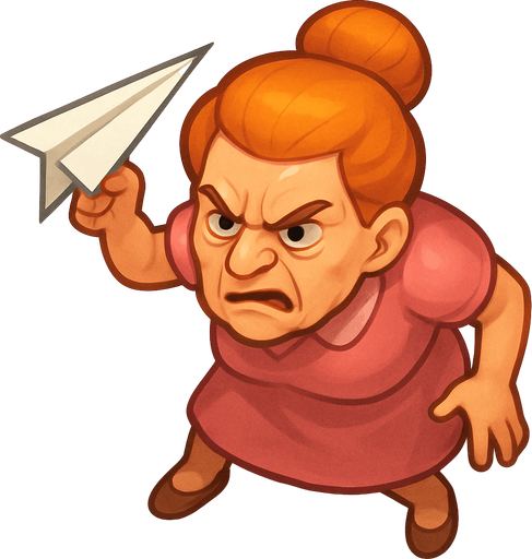 A lady that just threw a paper plane and is leaned forward due to that. She has a pink dress and orange hair. She looks like she has been working in an office for 40 years. Make her look angry as fuck. Cute soft graphics. soft ambient light. semi-matte to satin surfaces. naturalistic with slight saturation boost colors. 
In-Game asset.  2d.  High contrast.  No shadows. top down. View from above.