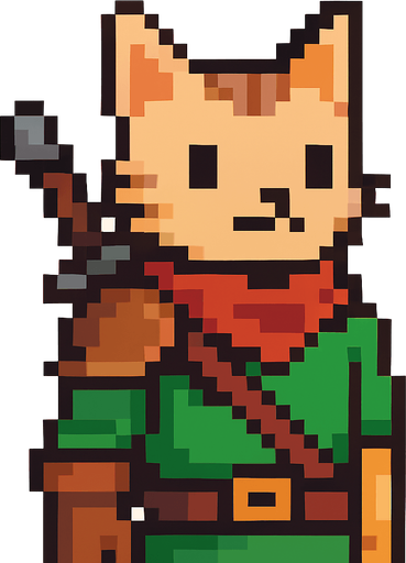 cat human, pixel art, half, adventurer.
In-Game asset.  2d.  High contrast.  No shadows