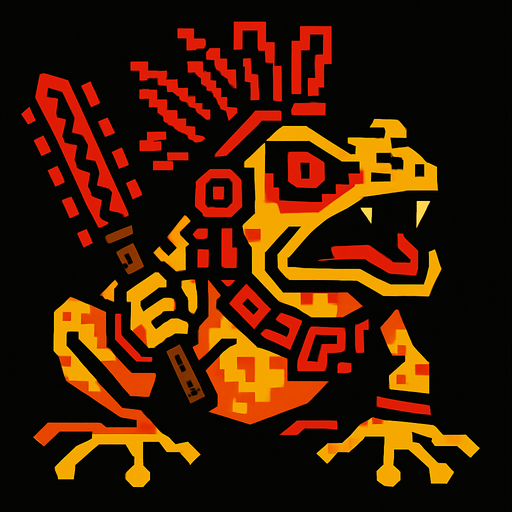 Genérame una Rana de dardo venenosa guerra azteca con eso patrones estilo pixelar, con una apariencia maligna.
In-Game asset.  2d.  High contrast.  No shadows