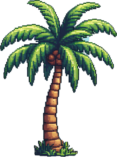 pixelart cartoon beach schene. just the beach and a big palm tree. no background..
Single Game Texture. In-Game asset. 2d. Blank background. High contrast. No shadows.
