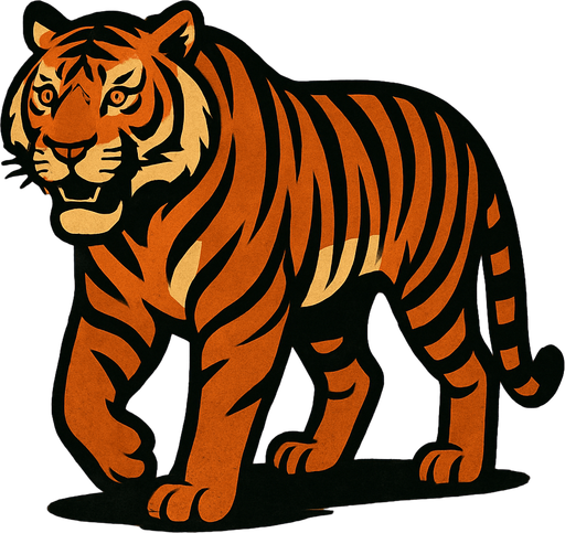A tiger image, with wooden background.
In-Game asset.  2d.  High contrast.  No shadows