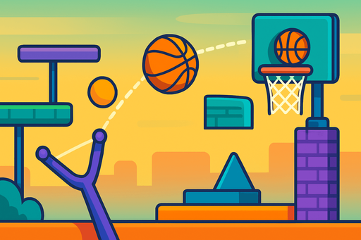 Fullscreen modern App Store landscape banner, 16:9, high definition, for a game titled "Basket Bounce Challenge" and with the description "A colorful basketball puzzle game with slingshot mechanics across 20 challenging levels. Drag and release the ball to score, progressing from simple shots to complex bank shot puzzles with moving hoops and obstacles.". No text on banner!