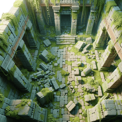 A top-down view of jungle ruins with moss-covered stone walls and floors. The floor is scattered with vines and broken pillars. Each wall has an entrance centered in the middle, resembling natural archways positioned on the top, bottom, left, and right. Sunlight filters through, illuminating the room softly..
Full-frame, top-down view of jungle ruins. Moss-covered stone walls and floors, vines, broken pillars. Open natural archways centered on each wall: top, bottom, left, and right. Soft sunlight, no perspective distortion.